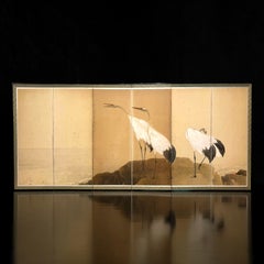 Large Japanese Six-Panel Folding Screen with Three Red-Crowned Cranes