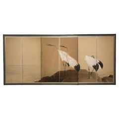 Large Japanese Six-Panel Folding Screen with Three Red-Crowned Cranes