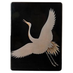 Japanese Black Lacquer Document Box with Crane in Silver Maki-e, 20th Century