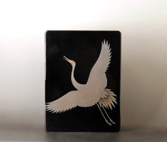 Japanese Black Lacquer Document Box with Crane in Silver Maki-e, 20th Century