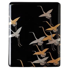 Japanese Black Lacquer Document Box with Gold and Silver Cranes, Showa Period
