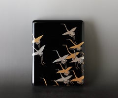 Japanese Black Lacquer Document Box with Gold and Silver Cranes, Showa Period