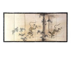 Large Japanese Six-Panel Folding Screen with Tigers and Bamboo, Edo Period