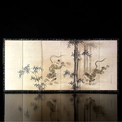 Large Japanese Six-Panel Folding Screen with Tigers and Bamboo, Edo Period