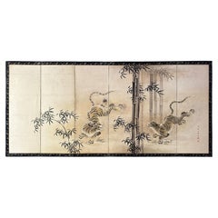 Large Japanese Six-Panel Folding Screen with Tigers and Bamboo, Edo Period