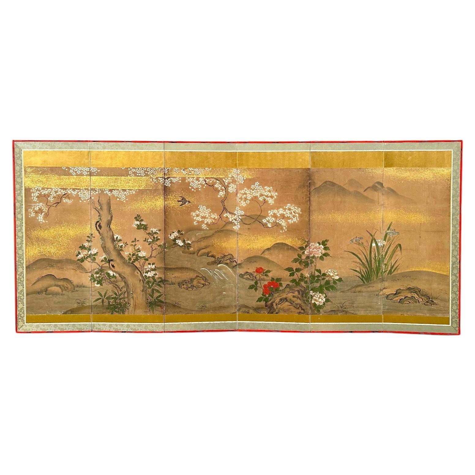 Biombo japonés de seis paneles con flores y paisaje en venta