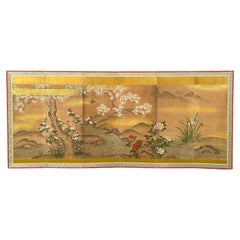 Japanese Six-Panel Folding Screen with Flowers and Landscape on Gold