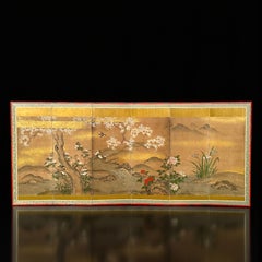 Japanese Six-Panel Folding Screen with Flowers and Landscape on Gold