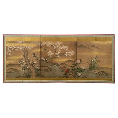 Japanese Six-Panel Folding Screen with Flowers and Landscape