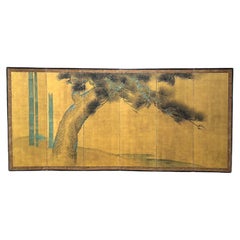 Japanischer sechsflügeliger Paravent mit Motiven alter Kiefern und Bambus, 19. Jahrhundert