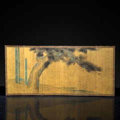 Japanese Six-Panel Folding Screen with Ancient Pine and Bamboo, 19th Century
