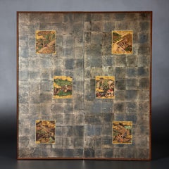 Japanese Two-Panel Silver Leaf Screen with Courtly Scenes