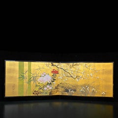 Japanese Two-Panel Painted Silk Screen with Bamboo, Plum and Chrysanthemums