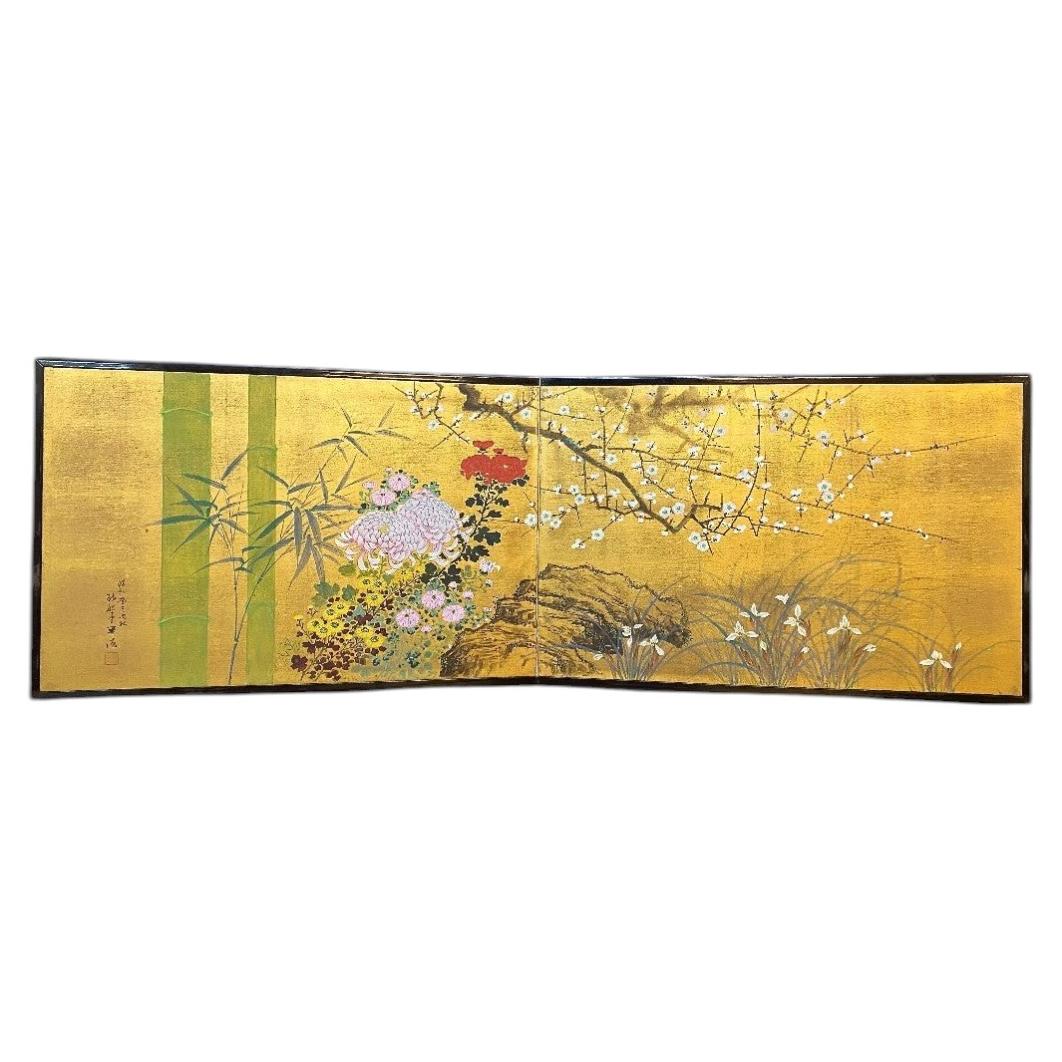 Japanese Two-Panel Painted Silk Screen with Bamboo, Plum and Chrysanthemums For Sale