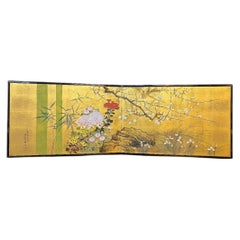 Japanese Two-Panel Painted Silk Screen with Bamboo, Plum and Chrysanthemums