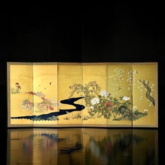 Japanese Six-Panel Gold Screen with Flowers, Birds and Flowing Stream