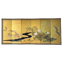 Japanese Six-Panel Gold Screen with Flowers, Birds and Flowing Stream