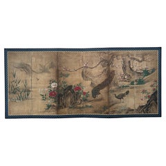 Japanese Edo Period Six-Panel Folding Screen with Peacocks and Flowering Garden