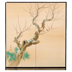 Early 20th Century Japanese Two-Panel Screen with Plum Blossoms and Bamboo