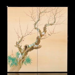 Early 20th Century Japanese Two-Panel Screen with Plum Blossoms and Bamboo