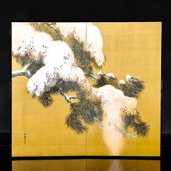 Japanese Two-Panel Folding Screen with Snow-Laden Pine on Gold Ground