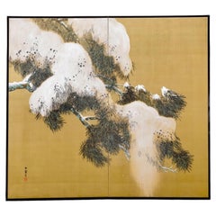 Japanese Two-Panel Folding Screen with Snow-Laden Pine on Gold Ground
