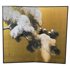 Japanese Two-Panel Folding Screen with Snow-Laden Pine on Gold Ground