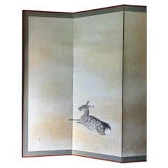 Japanese Six-Panel Folding Screen with Three Deer on Gold-Toned Ground, Taisho