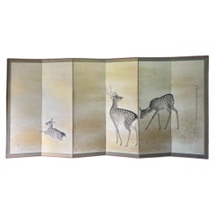 Japanese Six-Panel Folding Screen with Three Deer on Gold-Toned Ground, Taisho