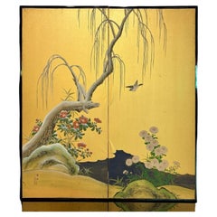 Japanischer zweiteiliger Paravent mit Weiden, Kamelien und Chrysanthemen