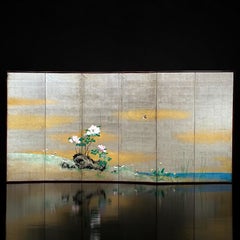 Japanese Six-Panel Silver Leaf Screen with Peonies and Birds, Early 20th Century