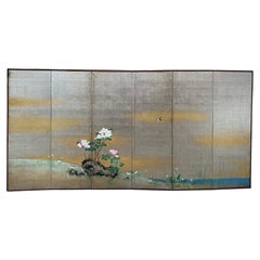 Japanese Six-Panel Silver Leaf Screen with Peonies and Birds, Early 20th Century