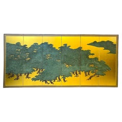 Large Japanese Six-Panel Gold Leaf Folding Screen with Monumental Pine Grove