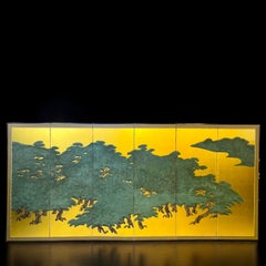 Large Japanese Six-Panel Gold Leaf Folding Screen with Monumental Pine Grove