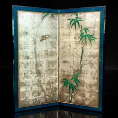 Japanese Two-Panel Silver Leaf Screen with Bamboo and Sparrows, 19th Century
