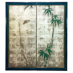 Japanese Two-Panel Silver Leaf Screen with Bamboo and Sparrows, 19th Century
