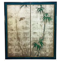 Japanese Two-Panel Silver Leaf Screen with Bamboo and Sparrows, 19th Century