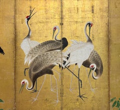 Impressive Japanese Six-Panel Gold Leaf Screen with Cranes, 19th Century