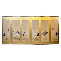 Six Cranes on Gold Leaf, Japanese Six-Panel Folding Screen, Meiji Period