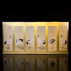 Six Cranes on Gold Leaf, Japanese Six-Panel Folding Screen, Meiji Period