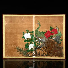 Japanese Edo Period Two-Panel Screen Depicting Peacocks Among Peonies