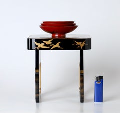 Japanese Lacquer Sake Cup Stand and Three Cups with Gold Maki-e Cranes