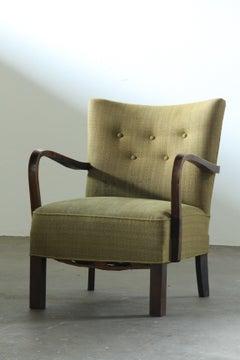 Vintage 1930s Danish Beechwood Lounge Chair with Curved Armrests, Denmark