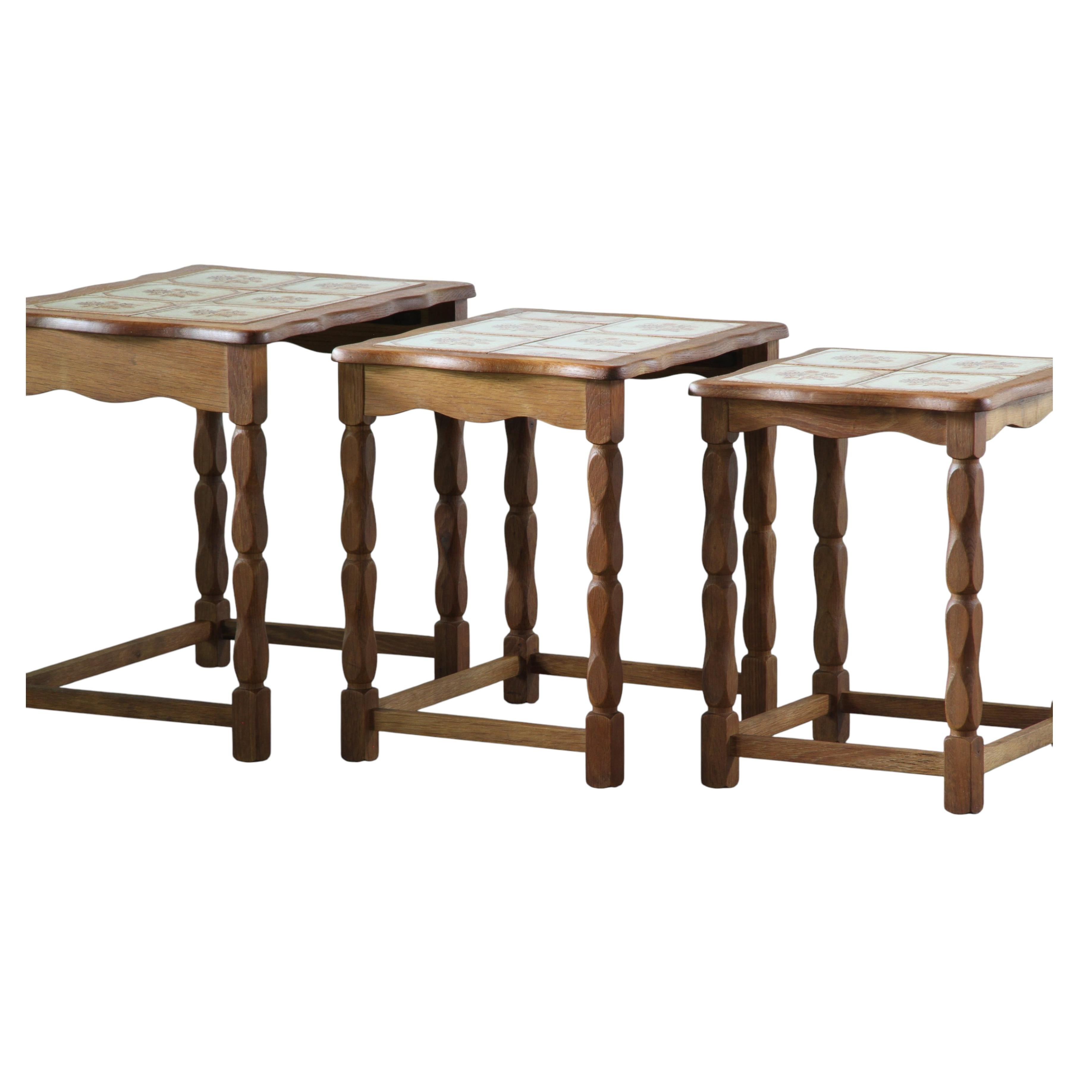 Vintage Danish Oak Nesting Tables with Ceramic Tile Tops, 1970s Set of Three