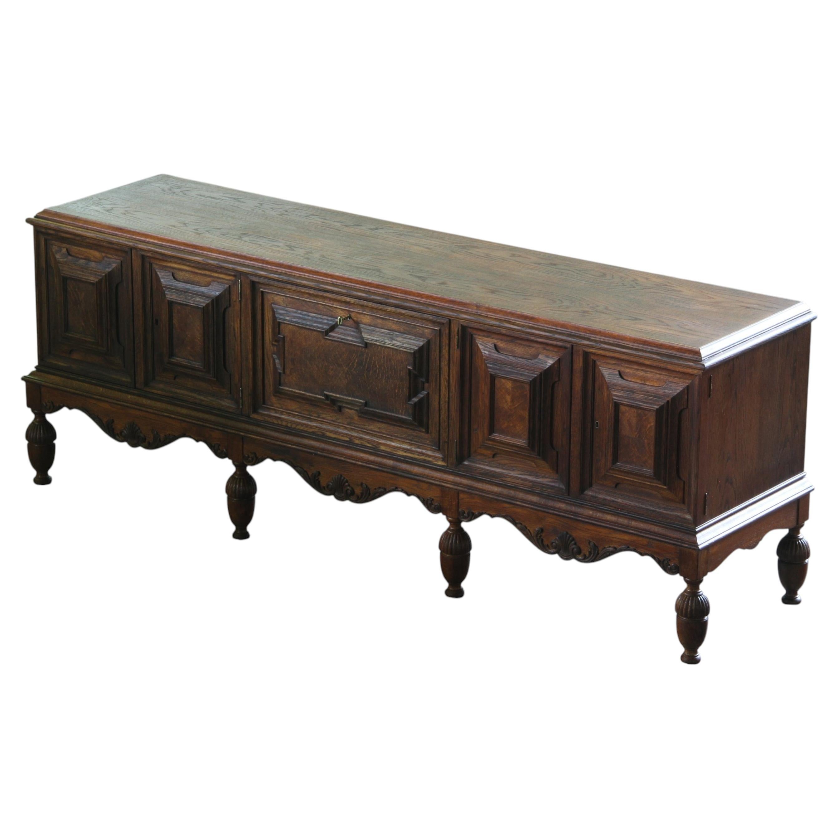 Vintage Large Danish Dark Stained Oak Brutalist / Romantic Sideboard