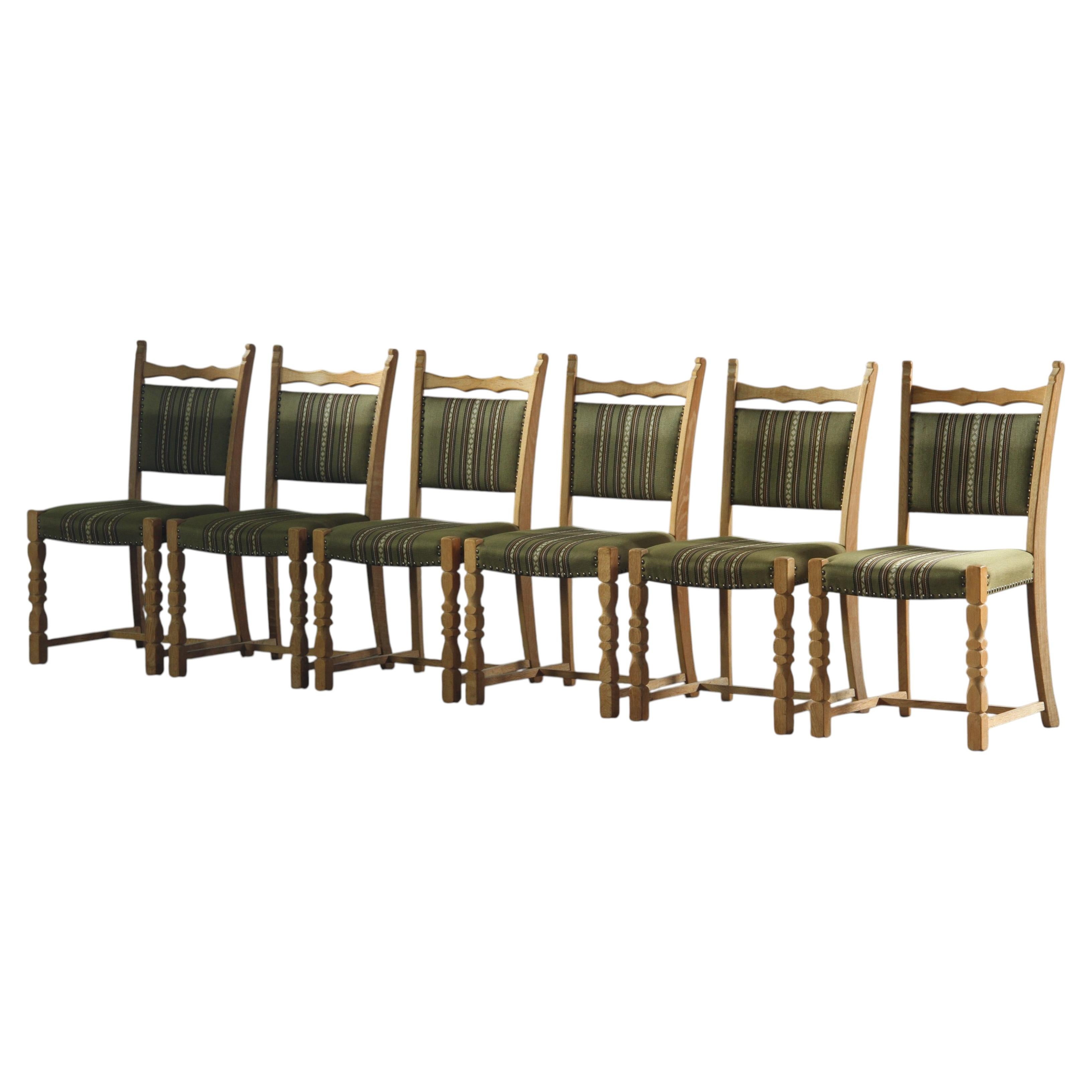 Vintage set of 6 Brutalist Oak Dining Chairs, Style of Henning Kjærnulf, 1960s