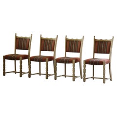 Set of Four Vintage Scandinavian Oak Dining Chairs with Original Patterned Uphol
