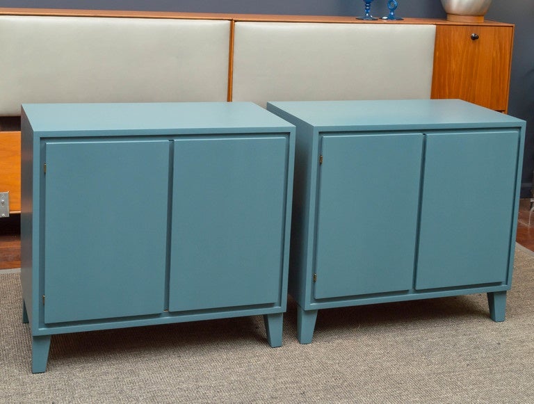 Russel Wright design cabinet for Conant Ball Furniture newly lacquered in a deep turqouise.
 Originally intended as record cabinets but perfect as a nightstand or small entertainment center.
 (One available)