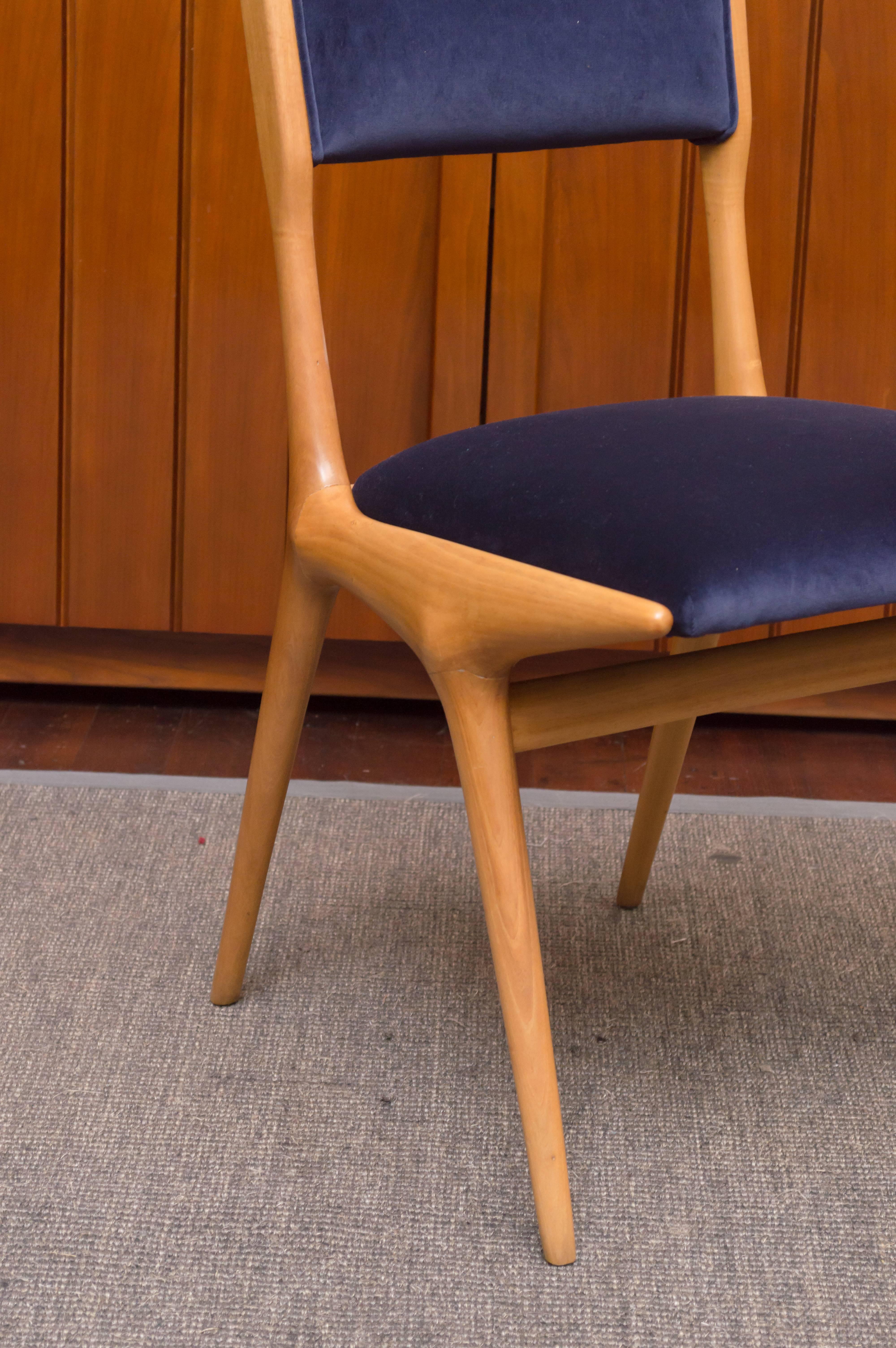 Carlo di Carli design side chair made out of cherrywood and newly refinished and upholstered in Navy velvet.