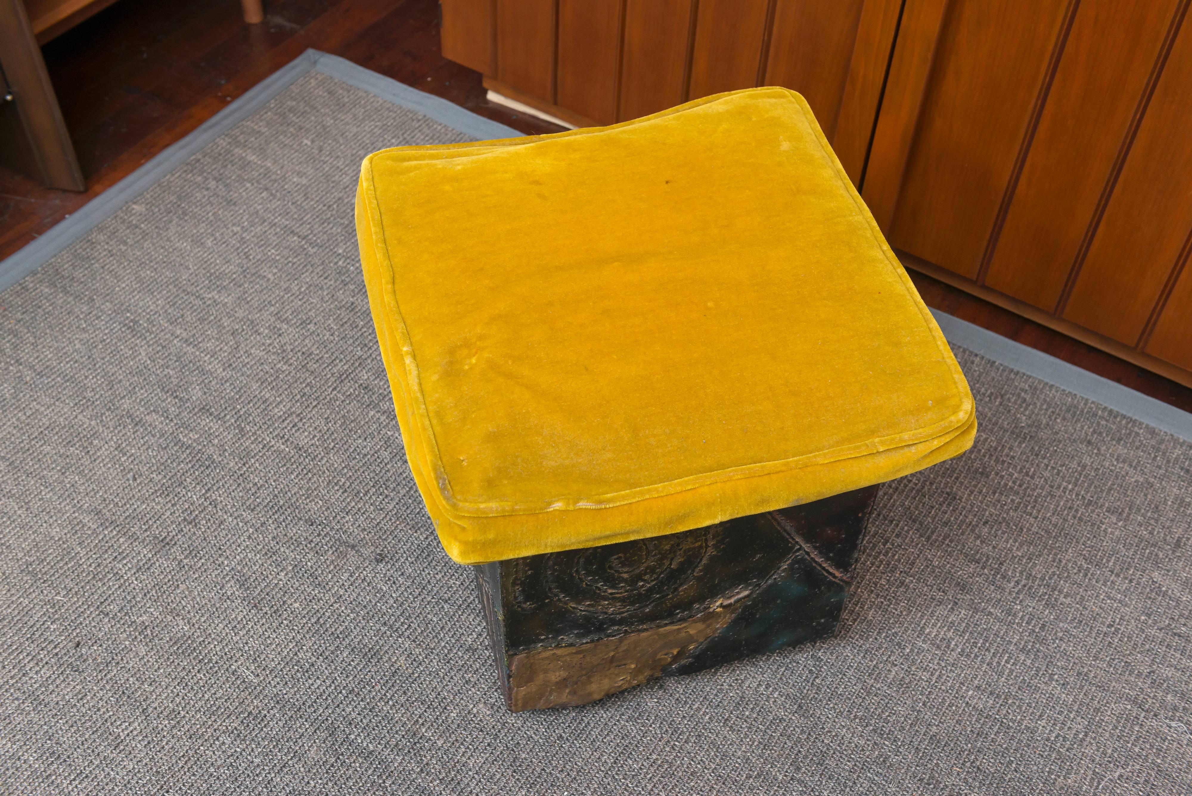 Paul Evans design rolling ottoman from his Brutalist series, signed and dated. Excellent original condition, new upholstery recommended.